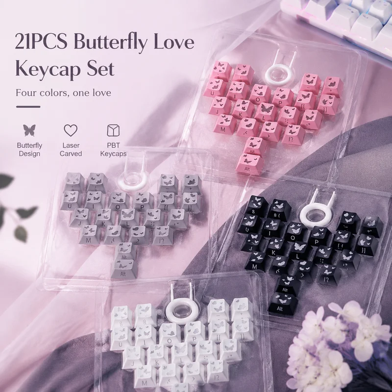 21Pcs Heart Butterfly Transparent Side‑Printed Keycaps Metallic Paint Magnetic Switch Mechanical Keyboard Replacement Key Caps
