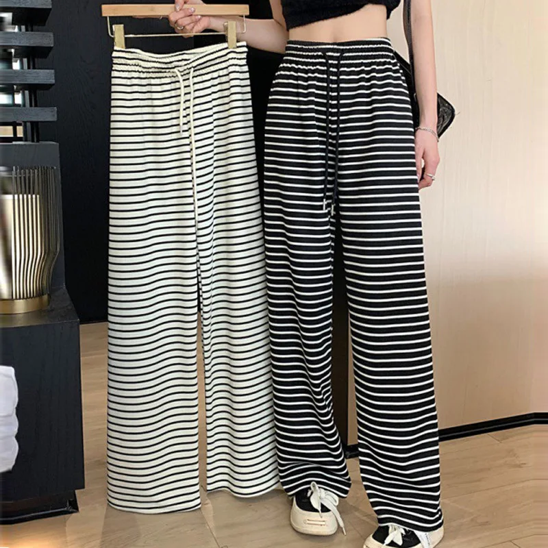 Black White Striped Sport Wide Leg Pants Women Autumn New High Waist Drawstring Trousers American Vintage Streetwear Sweatpants