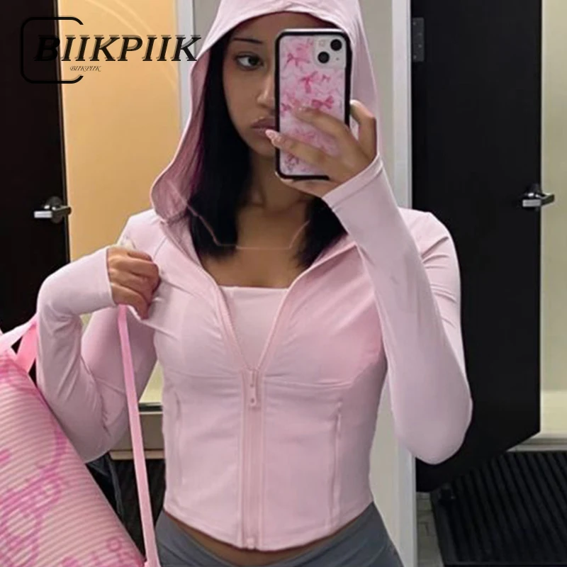 

BIIKPIIK Casual Hooded Zipper Coats Sweet Cut Out Long Sleeve Women Jacket Harajuku Y2K Sporty Tops Autumn Slim Fit Coat Fitness