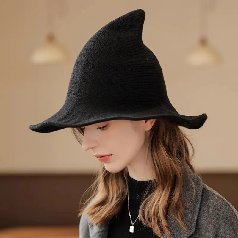 Halloween Party Witch Pointed Big Brim Knitted Wizard Hat Autumn And Winter Warm Woolen Fisherman Hat Decorative Hat