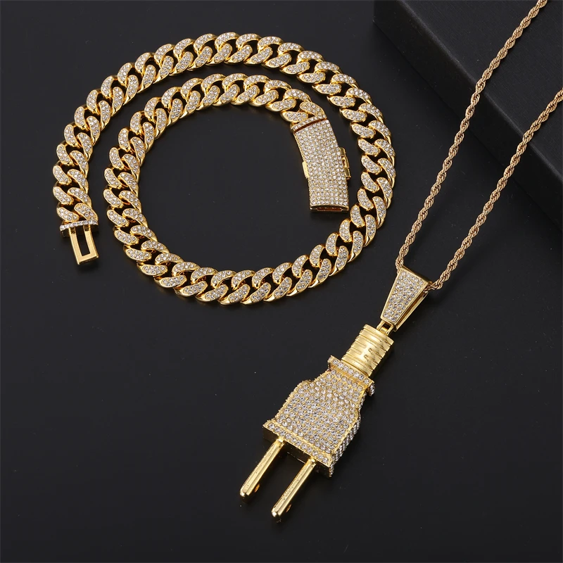 D&Z New Plug Pendant Necklace Rhinestones Cuban Chain HipHop Combo Iced Out Bling Necklaces Fashion Jewelry For Man Gift