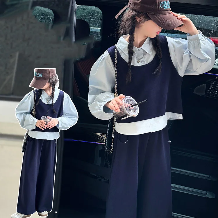 

Autumn School Girls 2pcs Sets Kids Girls Turn Down Collar Patchwork Sweatshirt Children Girls Wide Leg Pant 4-14Y Girls Outfit