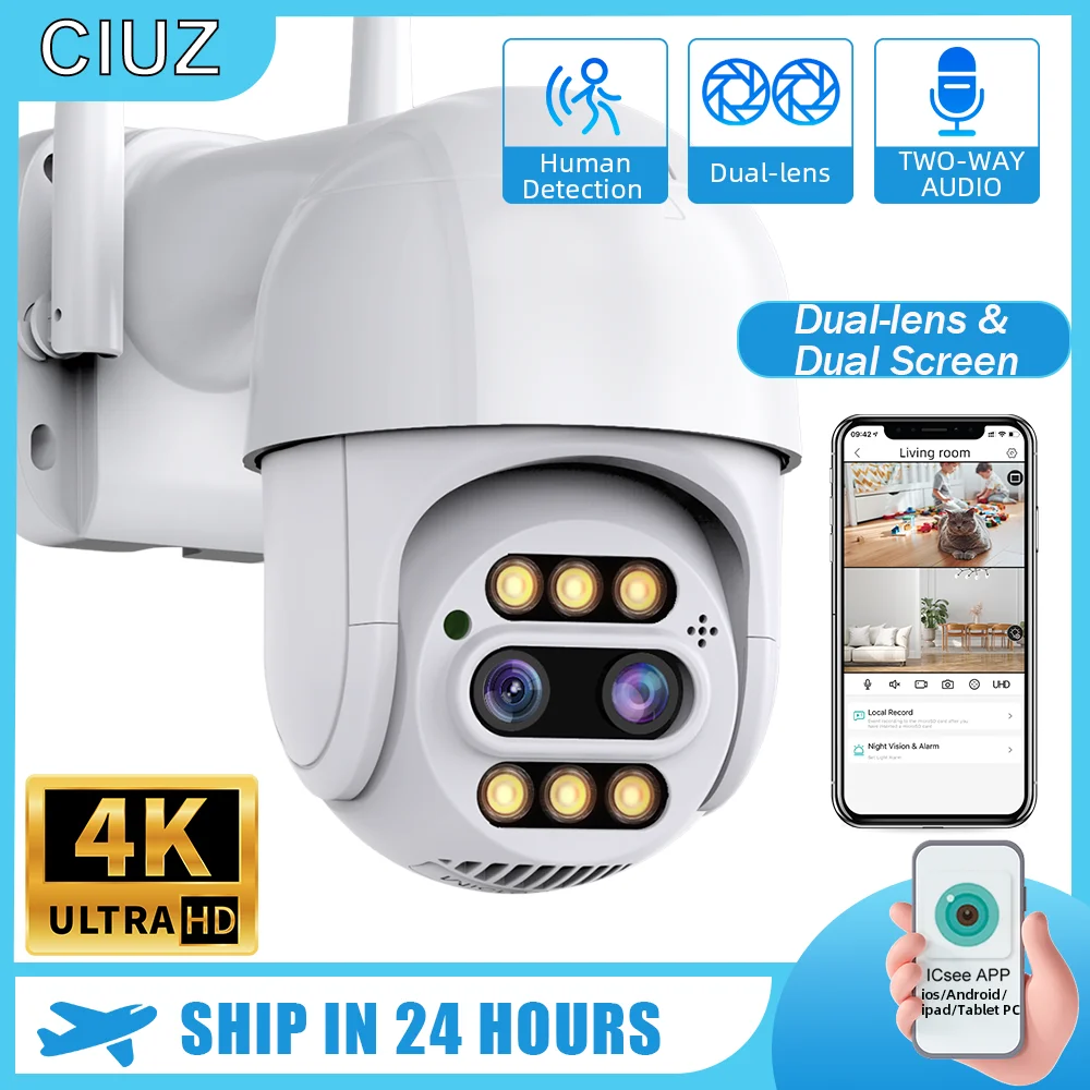 

CUIZ Dual Lens 8X Zoom 4K 8MP PTZ IP WiFi Camera AI Human Tracking Outdoor Video Surveillance Home Security CCTV Camera