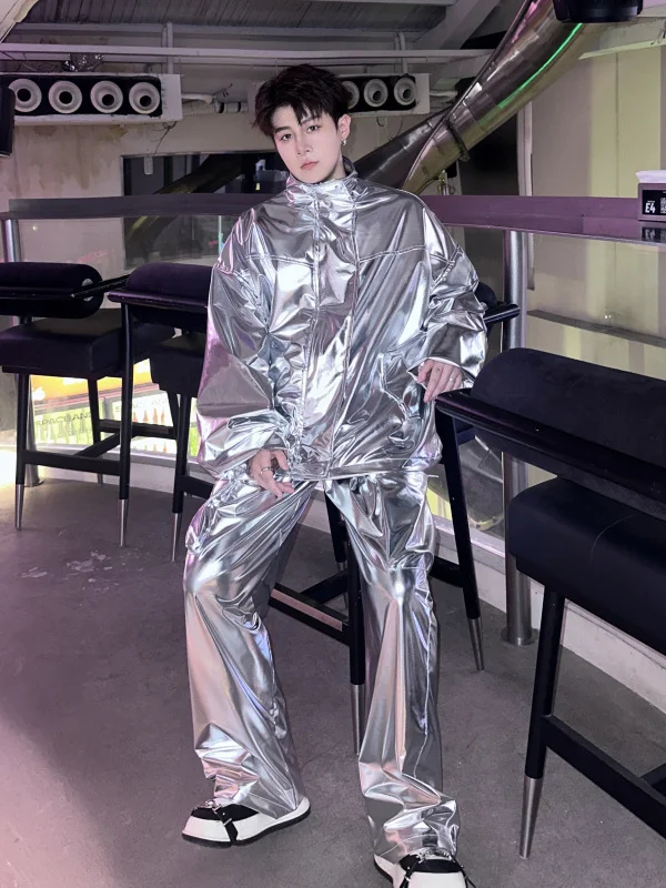 Metallic Silver Performance Jacket Set Street Dance Team Outfit Stage Two-Piece Set Unisex Loose Fit Long Sleeve Polyester