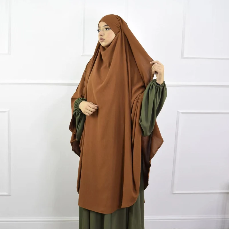 2025 New Long Cape Khimar with Niqab Wrap Jazz Crepe Turkey Femme Islamic Muslim Wrinkle Women Ramadan Tie Back Prayer Hijab