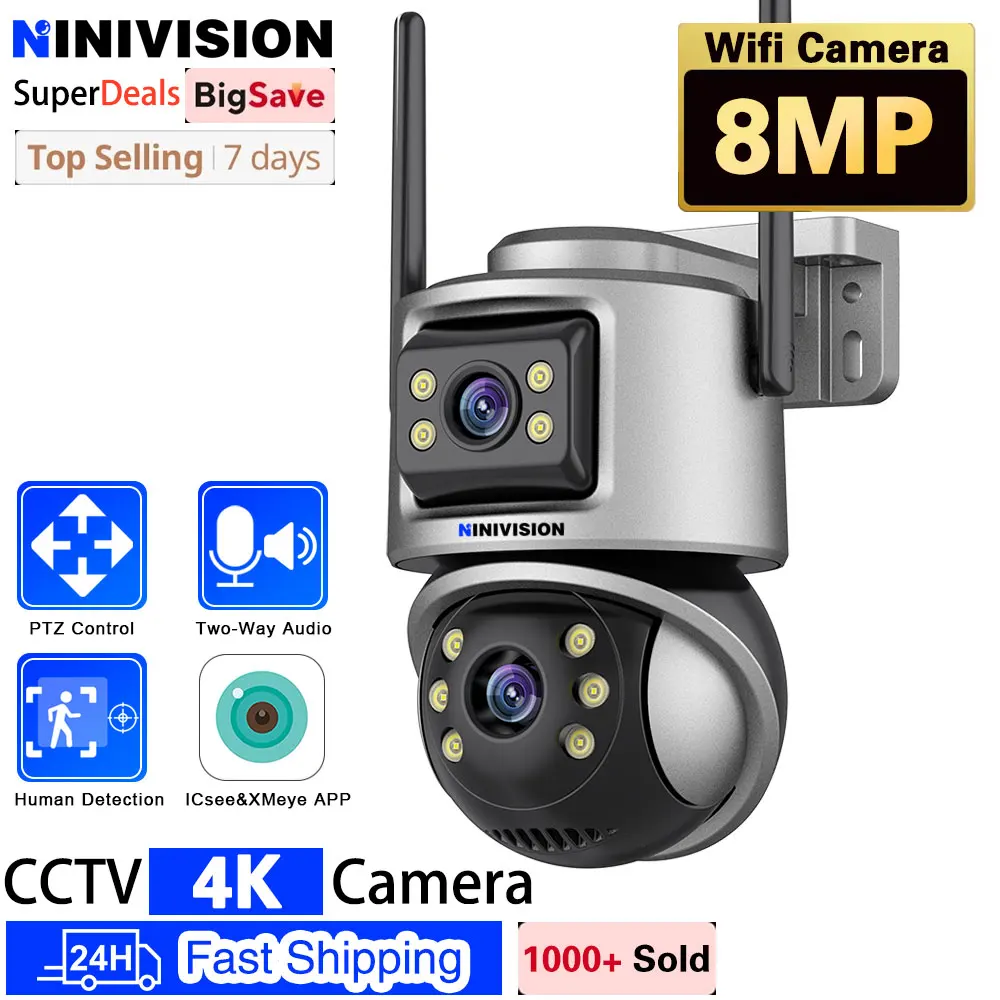 

4K 8MP HD Wifi PTZ Camera Outdoor 4MP Dual Lens Dual Screen AI Auto Tracking IP Camera CCTV Audio Video Surveillance P2P iCSee