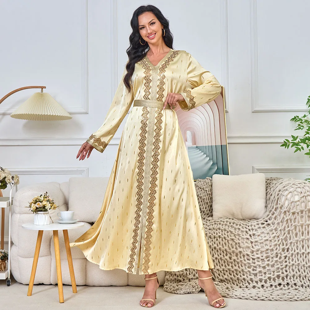 

Высокая талия, длинный рукав, V-образный вырез, новинка 2025, женская одежда, мусульманский халат, бронзовое длинное платье