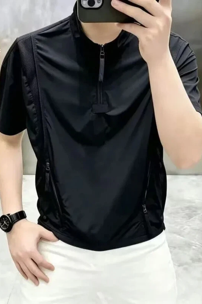Men's Navy Blue Short Sleeve Mock Neck Zipper T Shirt Breathable Casual Top for Daily Wear Summer