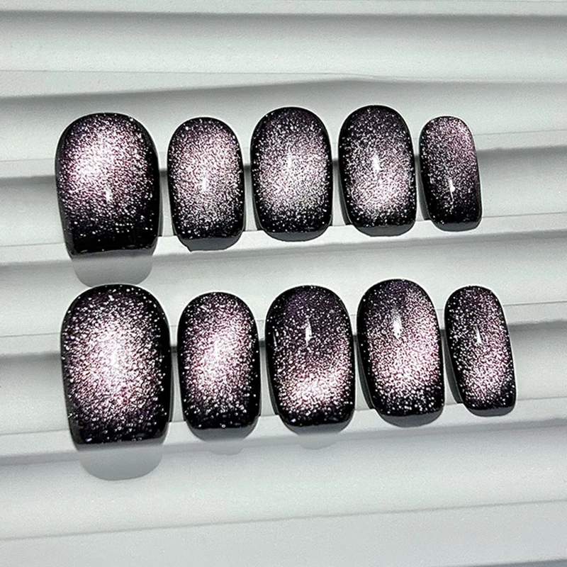 10 piezas misteriosas simples cortas hechas a mano prensa en las uñas Super brillo púrpura ojo de gato arte uñas postizas removibles reutilizables