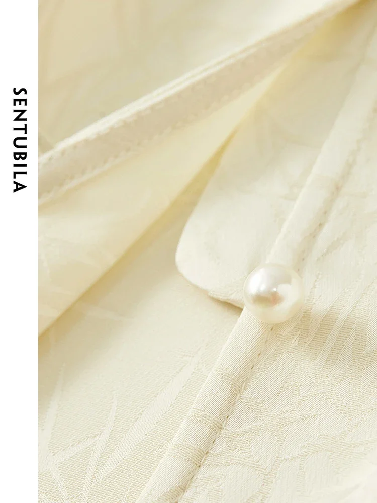 SENTUBILA ジャカード ライトアプリコット Vネックシャツ チャイナ風 2025 レースアップ 長袖 シフォンブラウス トップス レディース 141V52396