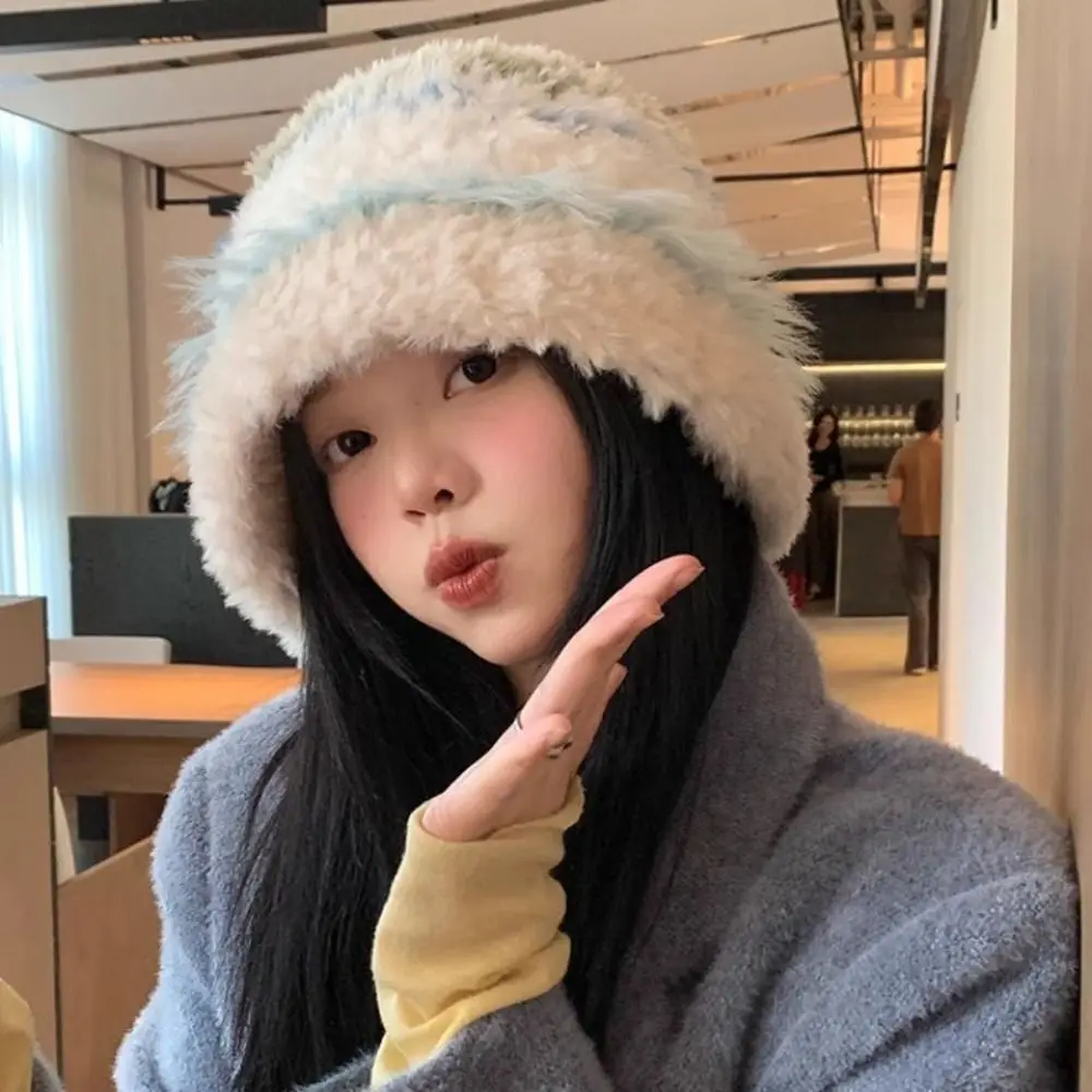 Fashion Faux Fur Bucket Hat Cold Protection Ear Protection Ear Flap Hat Thick Korean Style Warm Pull On Cap Walking Travel