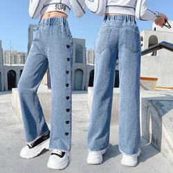 Spring Autumn Girls Jeans for Teen Children Heart Print Jeans Loose Wide Leg Pants Kids Denim Trousers for Girls 6 8 10 12 Yrs