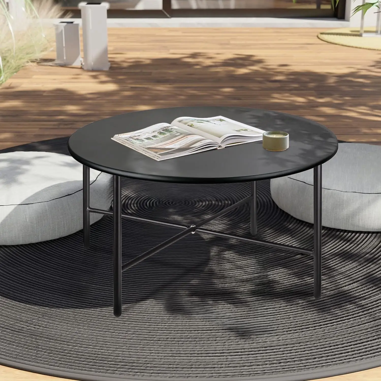 Patio Round Steel Patio Coffee Table, Weather Resistant Anti-Rust and Waterproof Indoor and Outdoor Large Side Table,