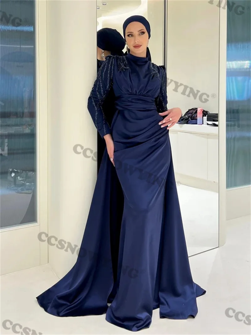 Vestidos de Noche musulmanes con apliques, Hijab islámico de satén de manga larga, vestido de fiesta Formal para mujer, caftán marroquí árabe de Dubái