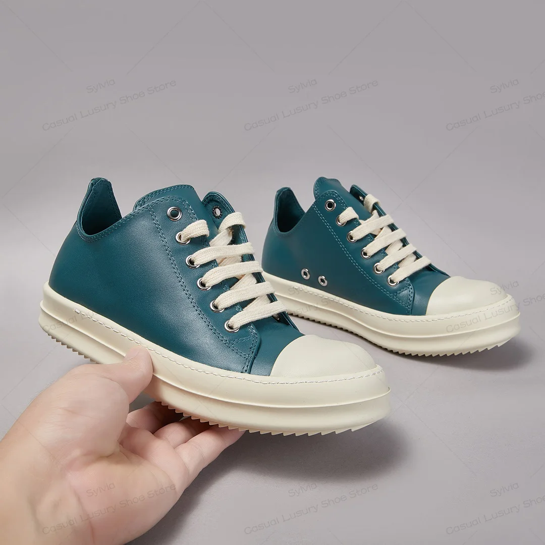 Ricks Luxury Designer Casual Shoes Men Owens High Quality Casual Shoes Women Ricks Retro Style Classic Cyan Real Leather Sneaker