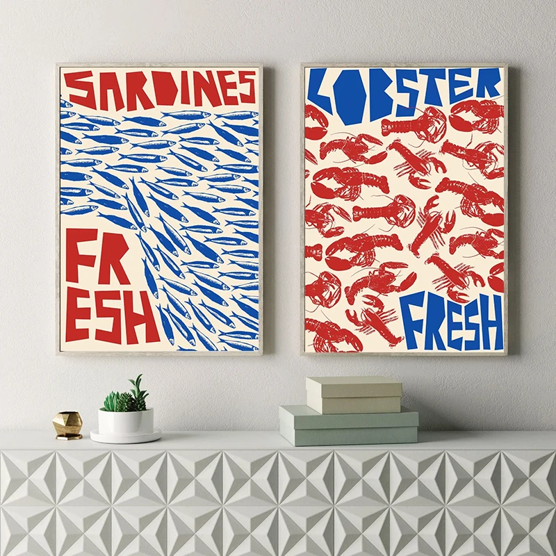 Colorful Sardine Lobster Crab Fish Ocean Animal Poster Canvas Painting Vintage Wall Art For Kitchen Living Room Home Decoration