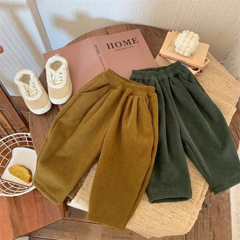 Girls Pants Thickened Velvet Corduroy Casual Pants Winter New Boys and Girls Warm Pants Children Korean Simple Style Trousers