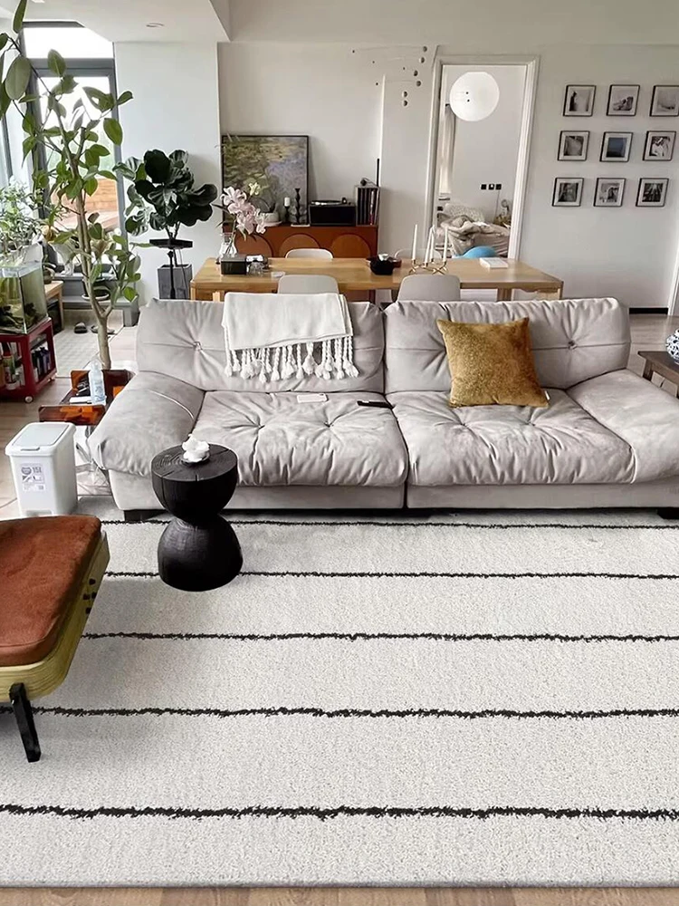 Simple Vintage Beige Black Line Soft Living Room Rug Minimalist Sofa Tea Table Mat Plush Kid Room Carpet Play Mat Large Bedroom
