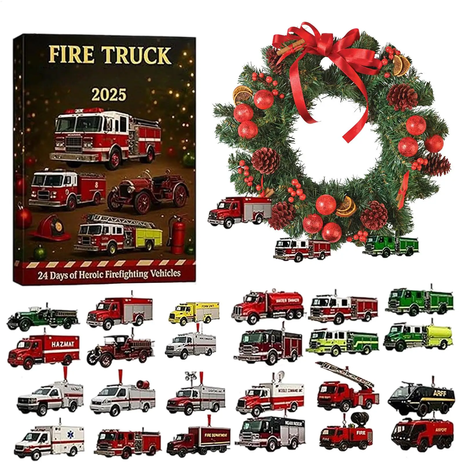 2D flacher Acryl-Feuerwehrauto-Advent-Ornament, 24 Tage, Weihnachten, Feuerwehrfahrzeug, Ornamente, Countdown-Kalender, Partygeschenke, Feuerwehrauto