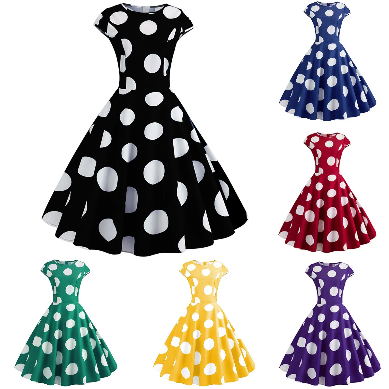 Women Vintage Dress Summer 50s 60s Retro Swing Rockabilly Vestidos Elegant Solid Polka Dot Office Party Dress Vestidos Mujer