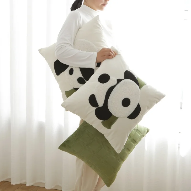 

Panda Pillow Cover Bamboo Fun Garden Embroidered Panda Newspaper Cushion Cover Green Living Room Sofa Cushion Cover 45x45cm