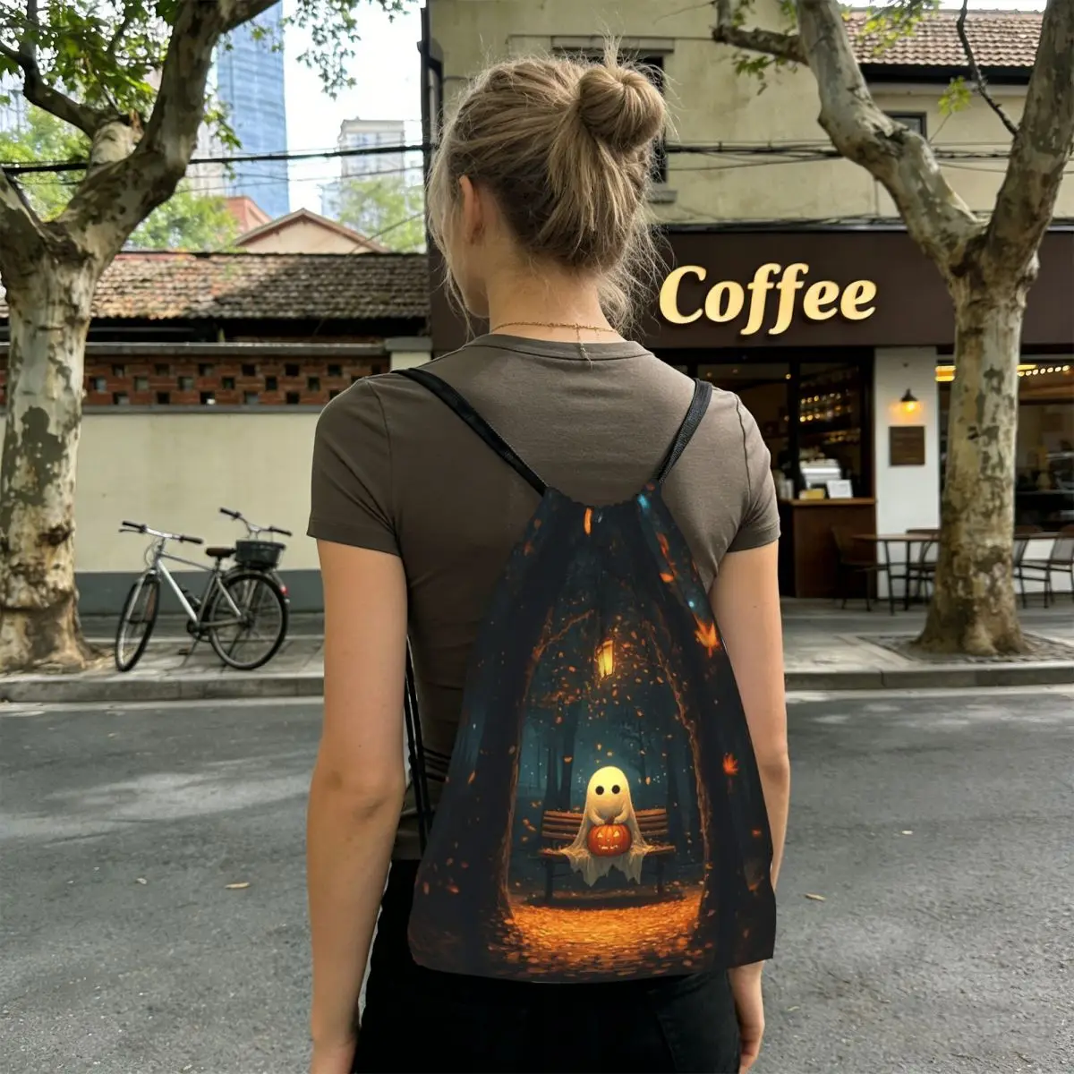 Ghost Sat On A Bench Under The Streetlight Backpacks Casual Drawstring Bags Storage Bag Book Bags for Man Woman Students