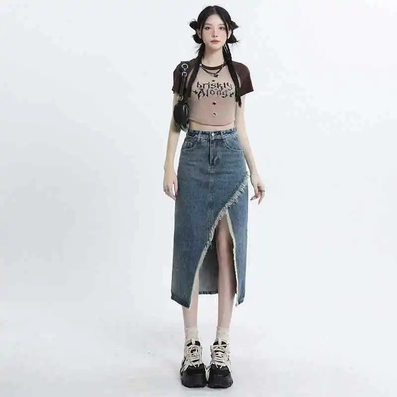 New Women's High Waist Slimming A-Line Midi Skirt Slit Denim Skirt Spring Autumn Half-length Skirt with Frayed Hem