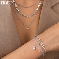 EILIECK New Fashion Pearl Necklace Bracelets Set For Women Trendy Silver Color 2-Layer Chain Stainless Steel Waterproof Jewelry