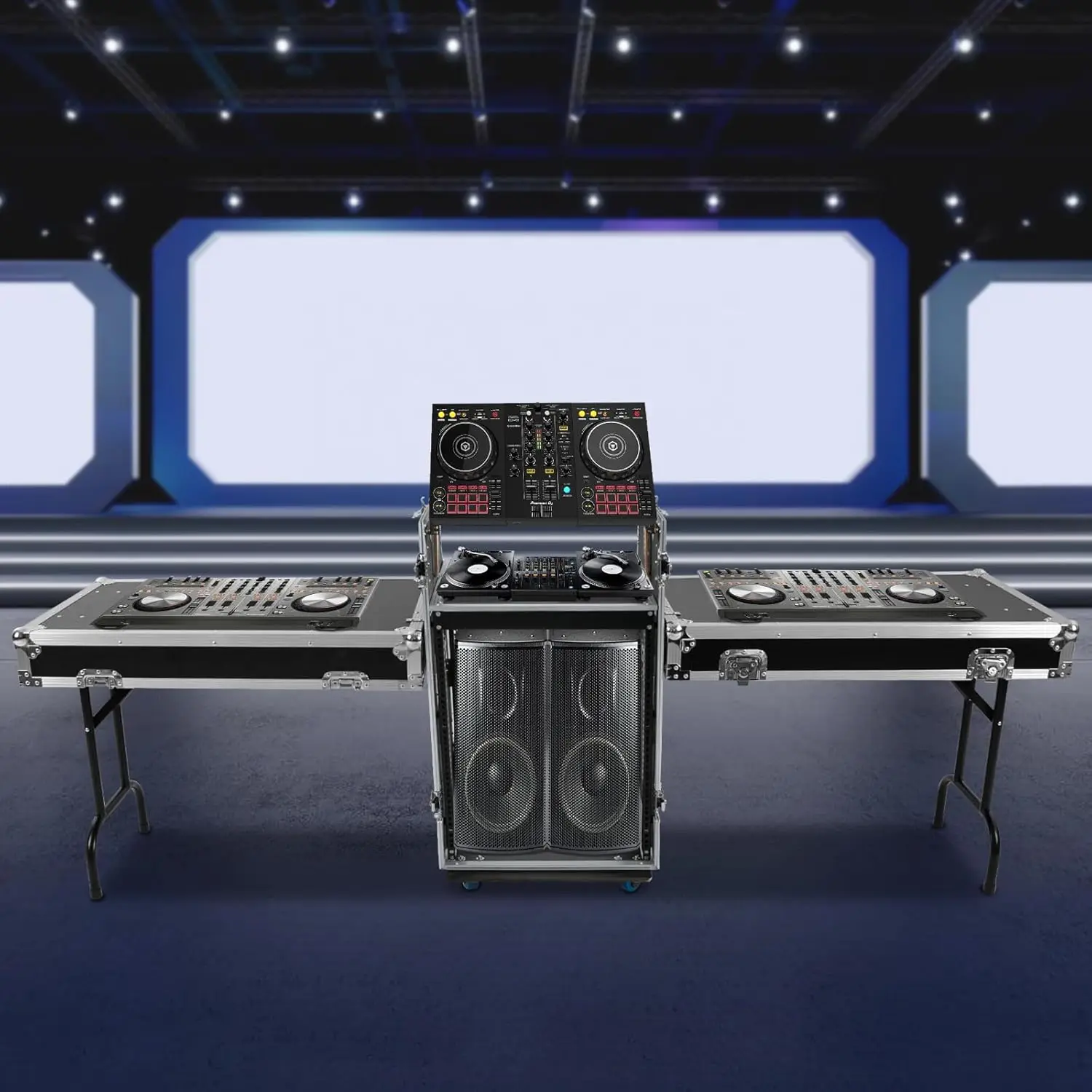 

14U PA DJ Rack with Wheels - 2 Tier Heavy Duty ATA Case, Dual Work Tables, DJ Mixer Stand Audio Rack for Studio, Stage Equipment
