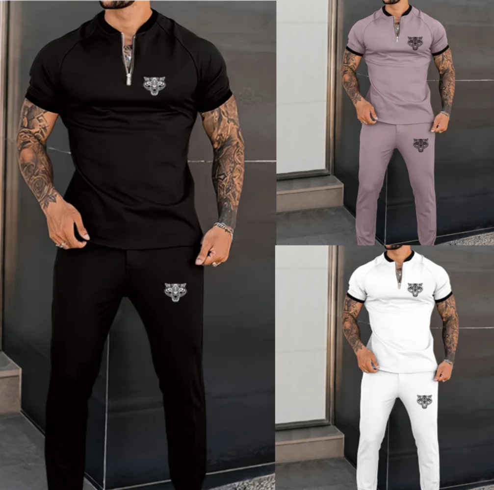 

2025 Men's fashion summer sports short sleeve suit top zipper creative pattern design solid color pants clothing