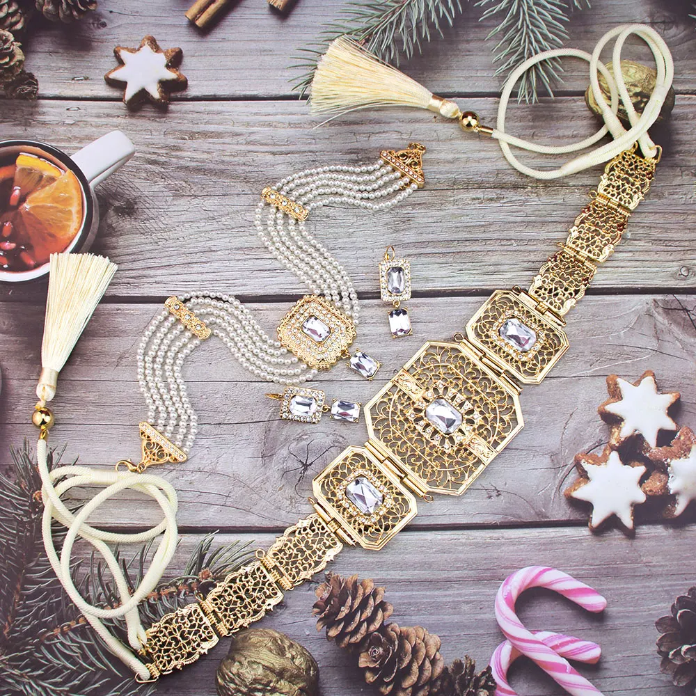 

Sunspicems Moroccan Bridal Jewelry Caftan Belt Metal Waist Chain Women Bead Neck Chain Hand Rope Waistband Algeria Bijoux Set