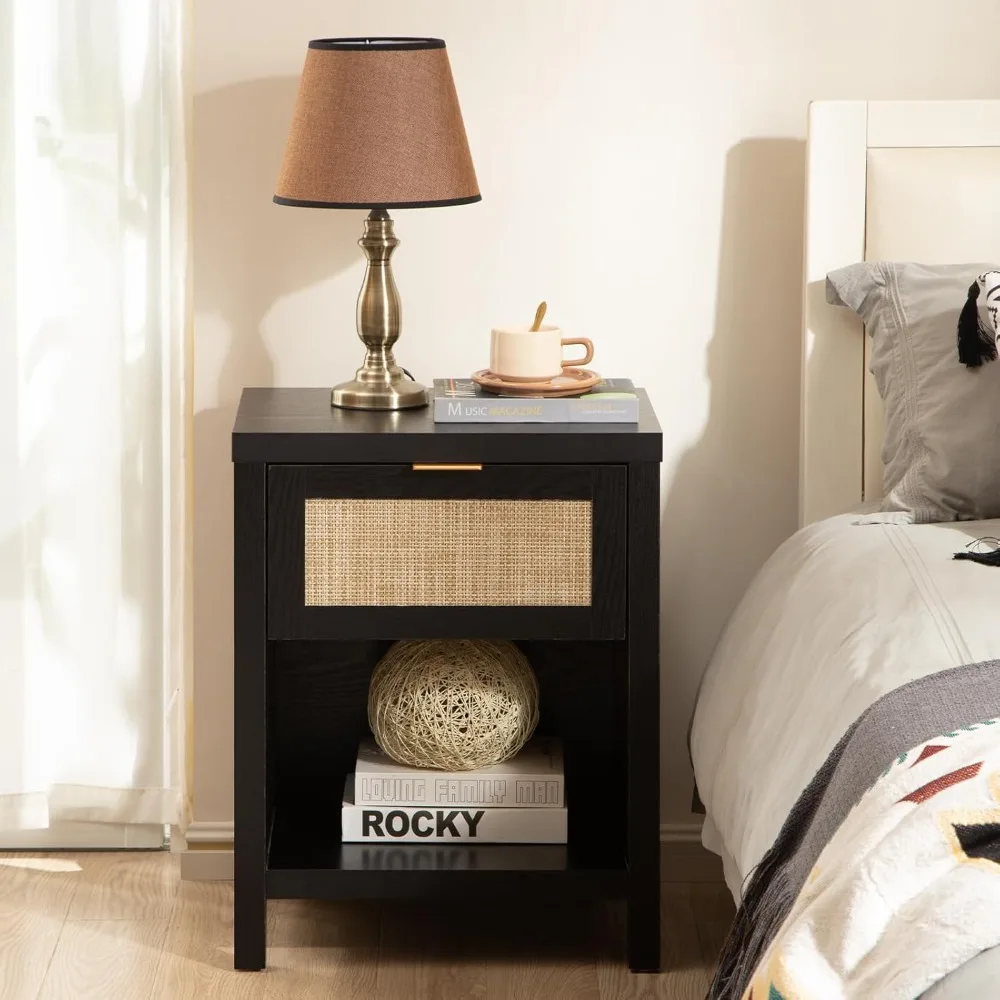 

Rattan Night Stands Set of 2, Farmhouse Nightstand Bedside Table with Drawer and Storage Shelf, End Side Table for Bedroom