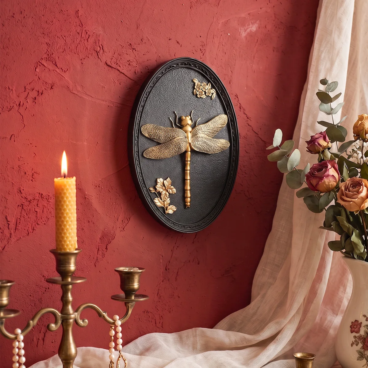 1PC, French‑Style Antique Oval Relief Wall Decoration Featuring A Flying Dragon And Floral Design, Oval Pendant
