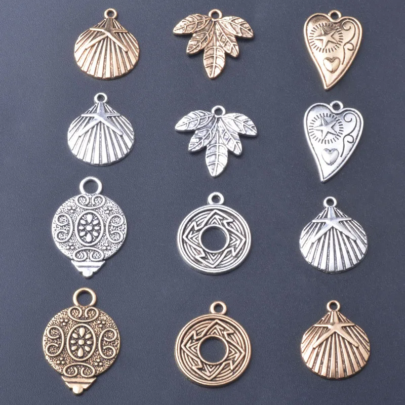 10 Stück/Set Ethnische Antike Silber- und Goldfarbene Anhänger Herz Blätter Schmuckzubehör Geometrische Blume Boho Anhänger DIY Damenohrringe – Detail 3