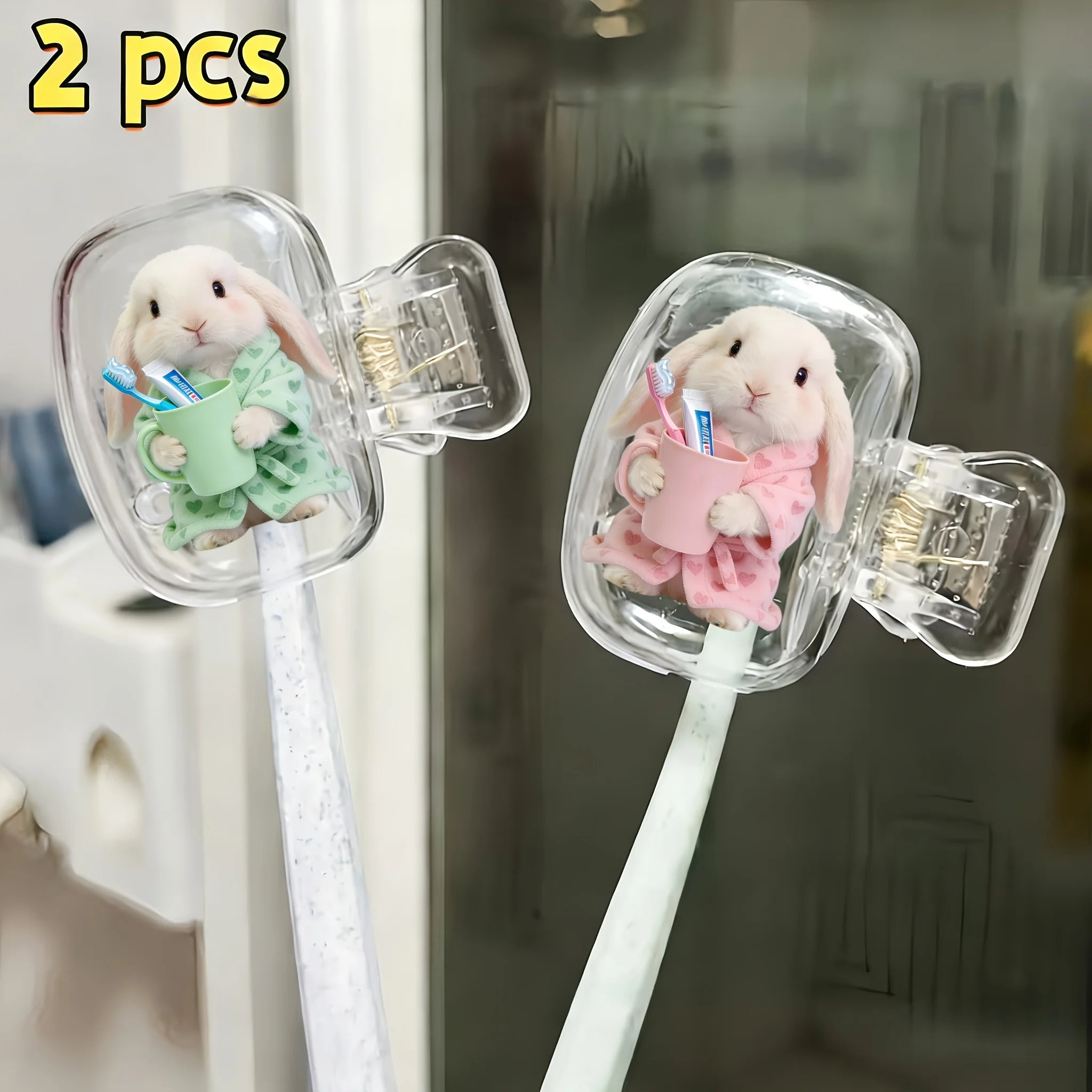 2pcs Rabbits Wearing Pajamas Portable Toothbrush Head Cover Storage Box Toothbrush Protection Cap Holder Holiday Party Gifts