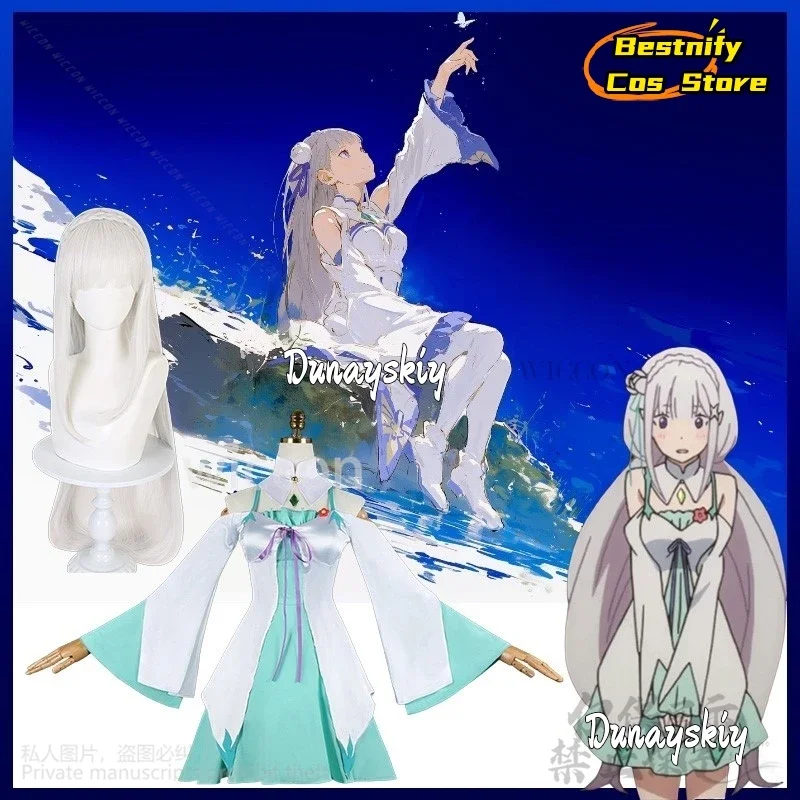 

CosplayAnime Re:Zero Cosplay Emilia Costume Aqua Water Color Dress Sundresses Kawaii Lovely Jirai Kei Girls Uniform Long Wig Cus