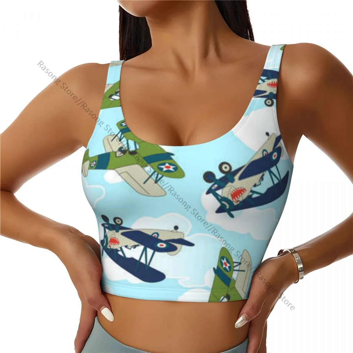 Yoga Vest Women Gym Sports Crop Tops Vintage Allied Plane Flying Cartoon Shark Teeth Streetwear Workout Tank Top Female