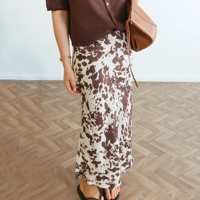 

Linad винтажные длинные юбки с леопардовым принтом на молнии для женщин, повседневная атласная юбка до щиколотки, женские осенние уличные шикарные юбки с принтом, 2025