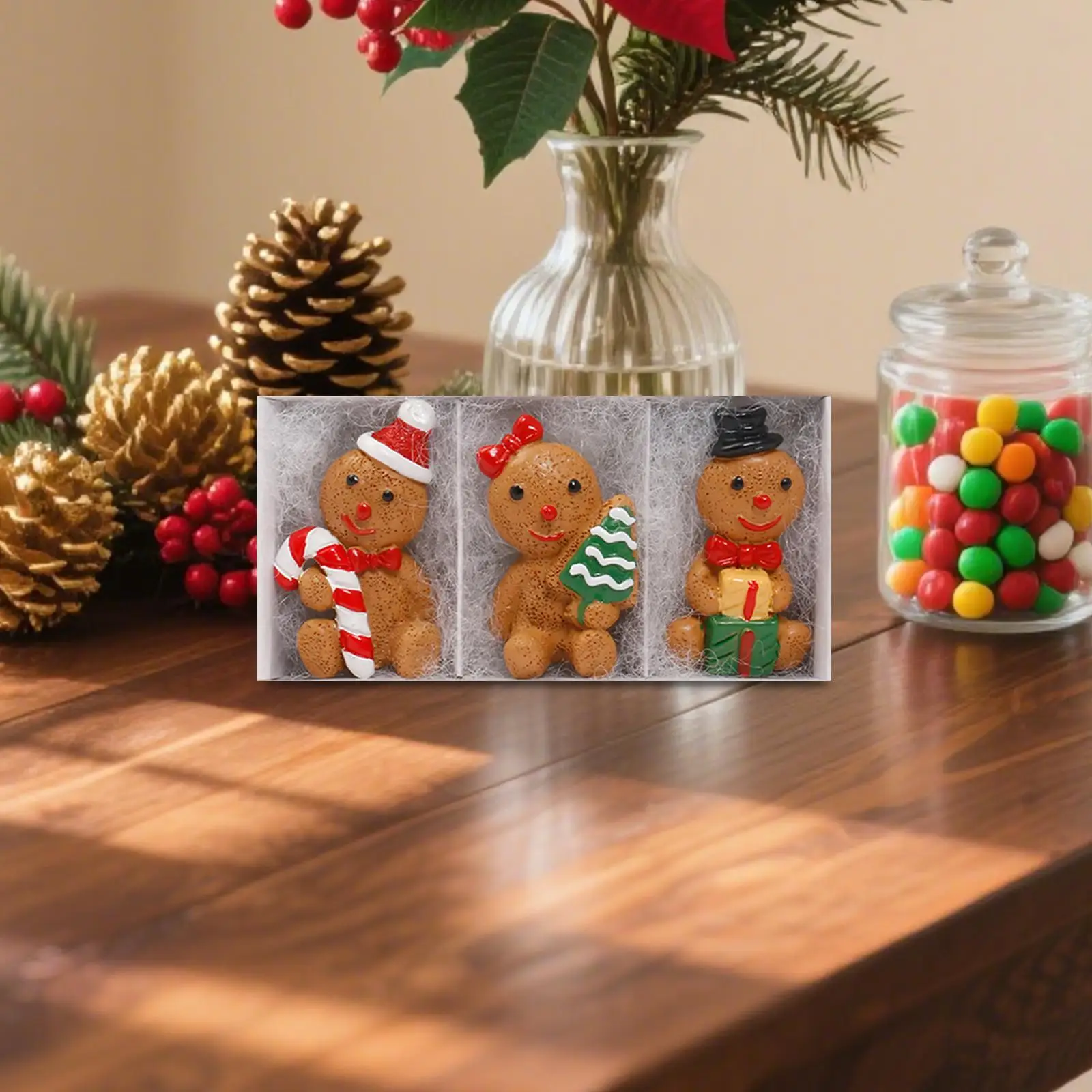 Mini Gingerbread Man Figurine Christmas Resin Ornaments Set of 3 Cute Table Decor Statues for Home Mantel Shelf Kitchen Party