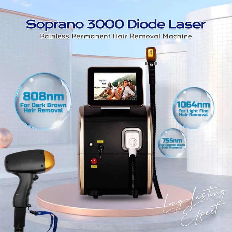 

3000W Soprano Titanium ICE Diode Laser SHR Hair Removal Machine Professional Depilation Device 755 808 1064 Triple Wavelength