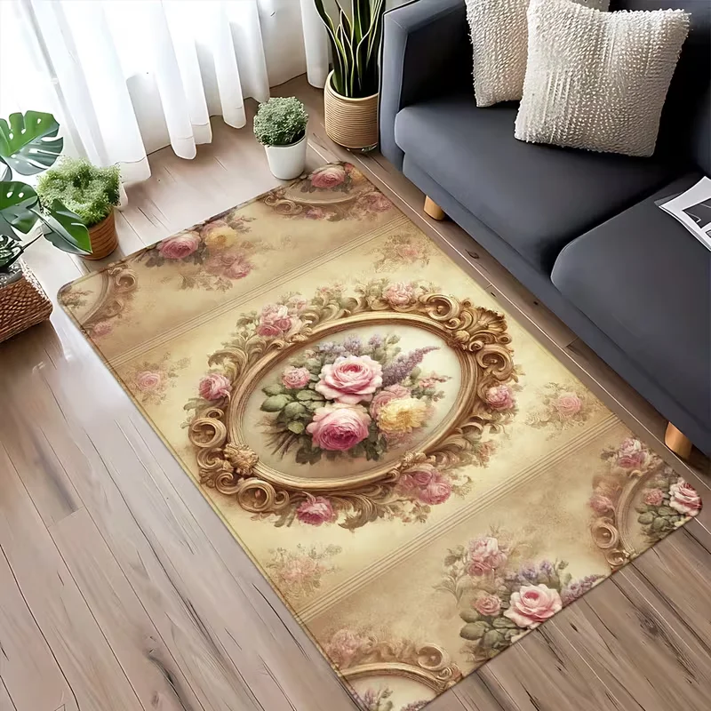 Baroque Rose Vintage Floral Area Rug Soft Non-Slip Living Room Carpet Victorian Style Romantic Flower Floor Mat for Bedroom