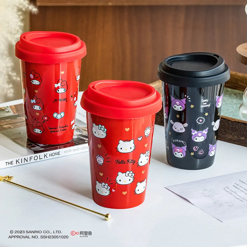 Hot Sanrios Hellokitty Cartoon Ceramic Cup Kuromi Coffee Cup My Melody Cute Creative Lovers High-Looking Cup Milk Cup with Lid