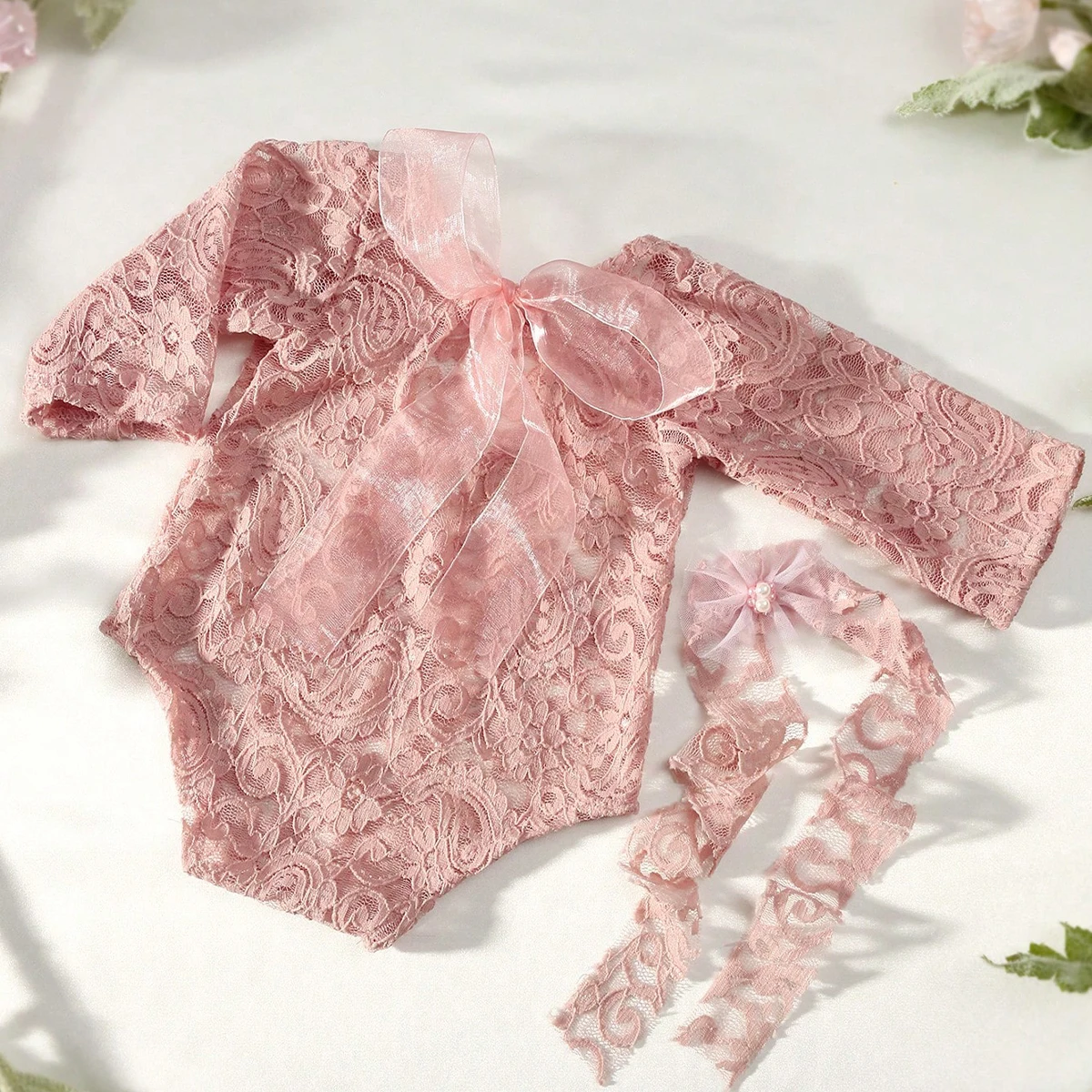 Ylsteed Dusty Pink Newborn Lace Romper Infant Photography Outfits With Matching Headband Baby Girl Photo Shooting Picure Props