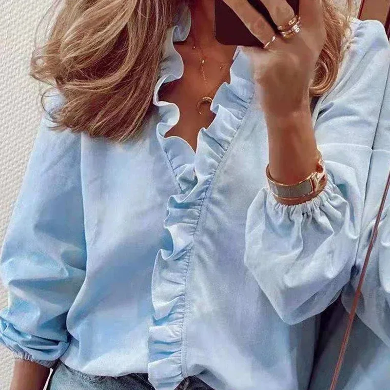 Sweet Ruffles Shirt for Women, Elegant Blouse, Floral Letter Print, Long Sleeve, White Tops, Loose Clothes, Spring Autumn, 18246