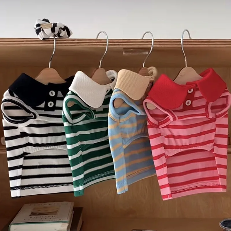 Poodle Autumn Lapel Collar T-Shirt, Teddy Warm Vest, Small & Medium Dog Soft Base Shirt, Sweet Striped Dog Clothes