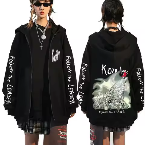 Rock Band Korn Follow The Leader Tour 2014 Zipper Hoodie Men Women Retro Gothic Metal Zip Up Jacket Casual Oversized Sweatshirts