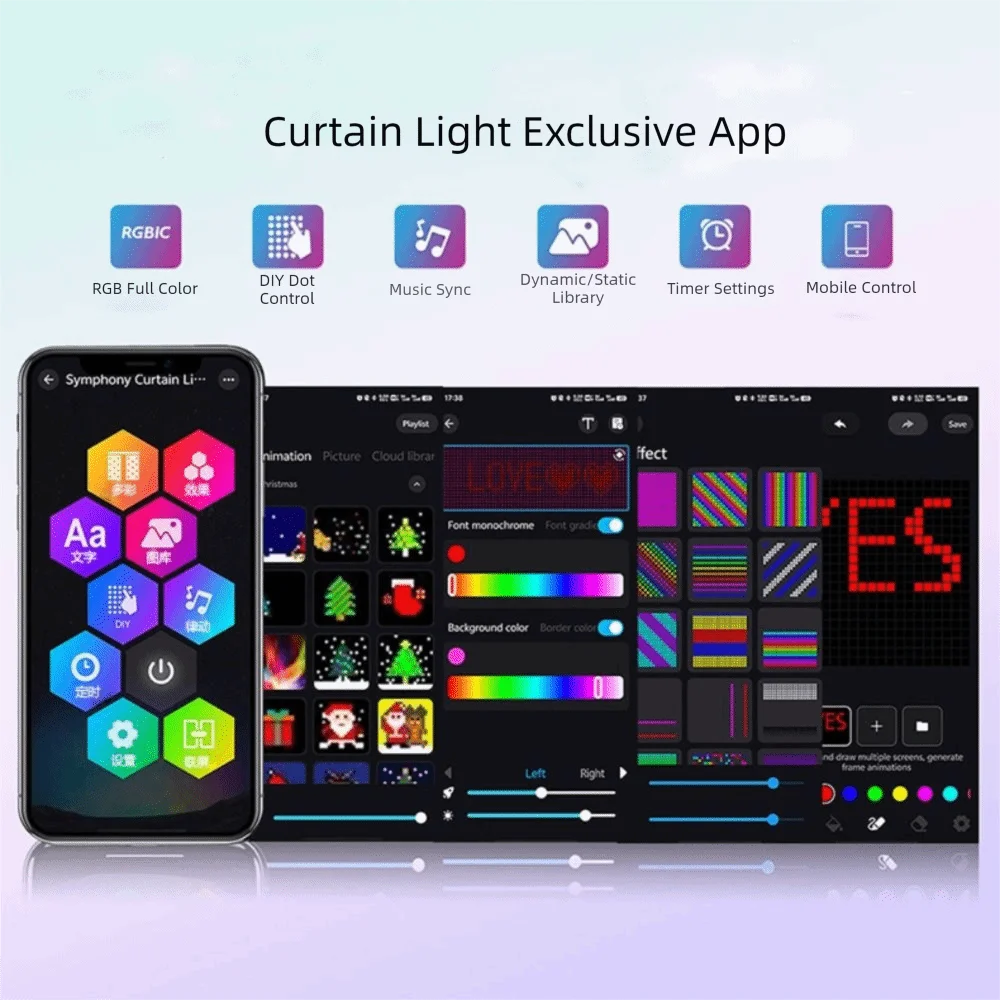 APP Controlled Fairy String Lights DIY Pattern IP65 Waterproof RGB Pixel Lights Music Sync RGB Color Changing LED Curtain Lights