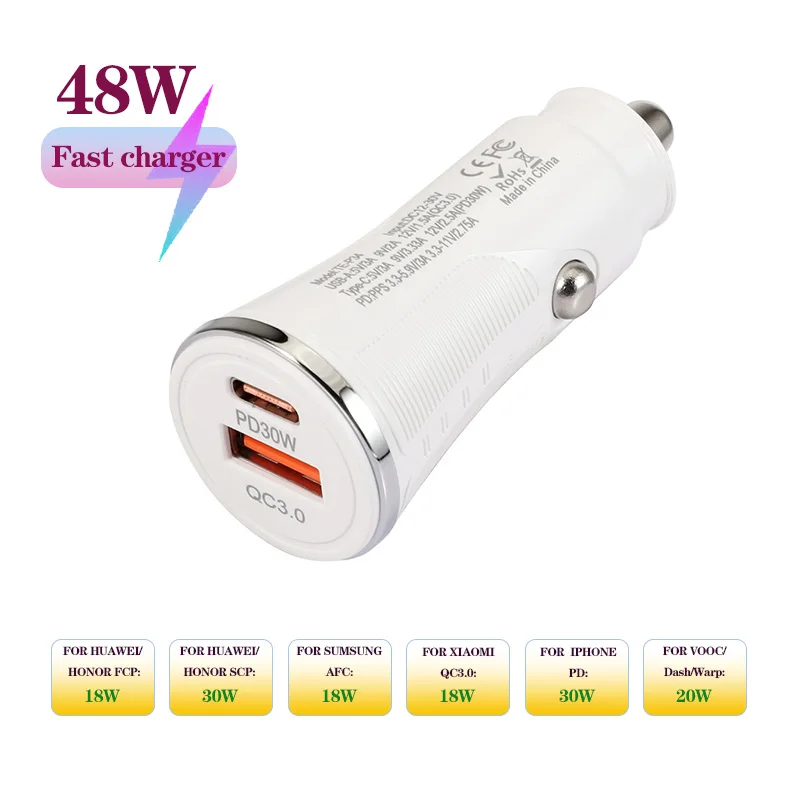 

2 Port 48W Car Charger with PD30W QC3.0 Super Fast Charging USB car Cigarette Lighter Adapter for huawei/iphone/samsung/vivio