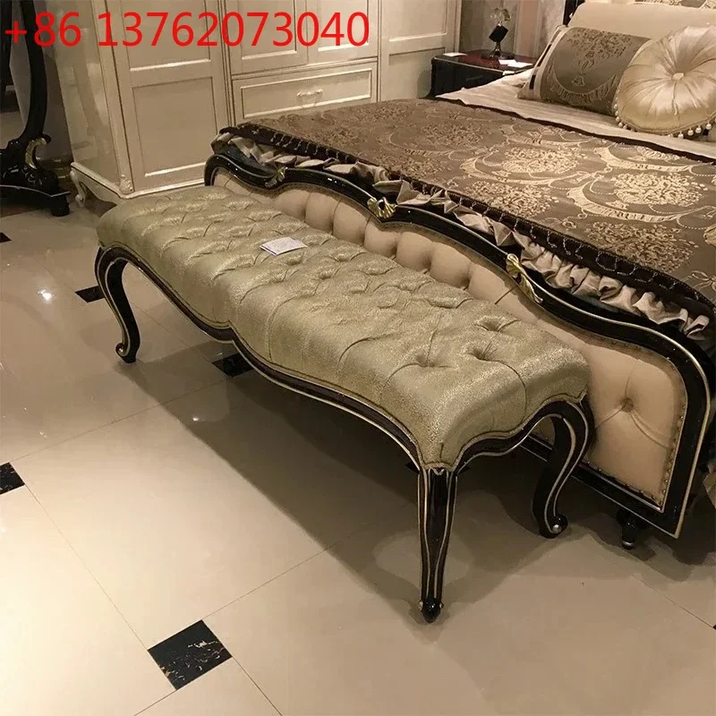 European leather bedside stool neoclassical luxury solid wood carving flower, first layer cowhide shoe changing stool6005