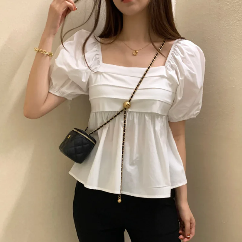 Women's New One-shoulder Square Collar Puff Sleeve Short-sleeved Shirt